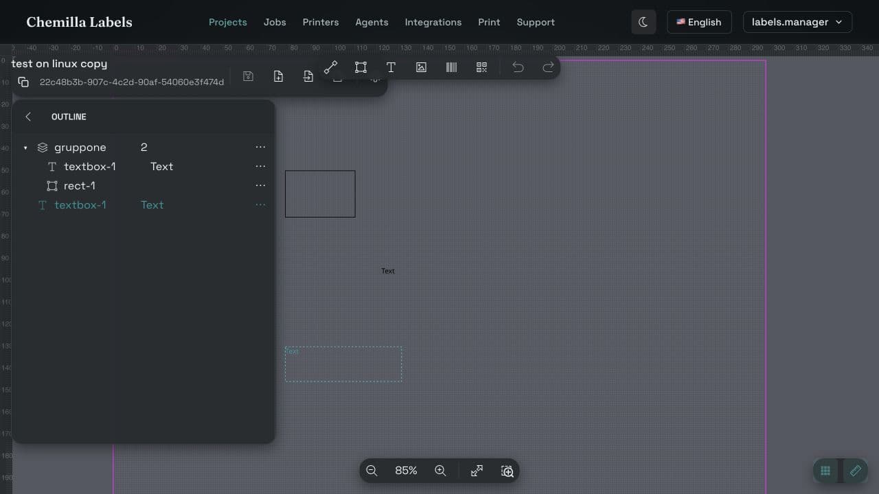Chemilla Labels visual editor showing an industrial label template